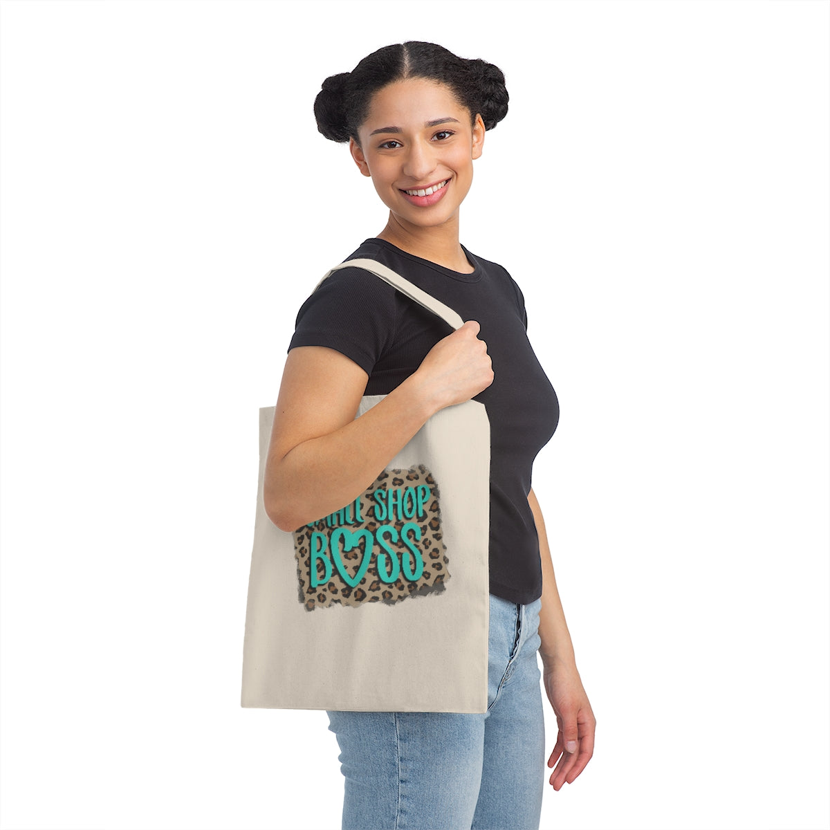 Small Shop Boss Teal Leopard Canvas Tote Bag