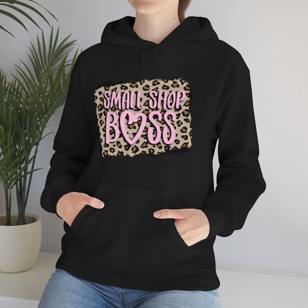 Leopard Pink Small Shop Boss, Unisex Heavy Blend™ Hooded Sweatshirt