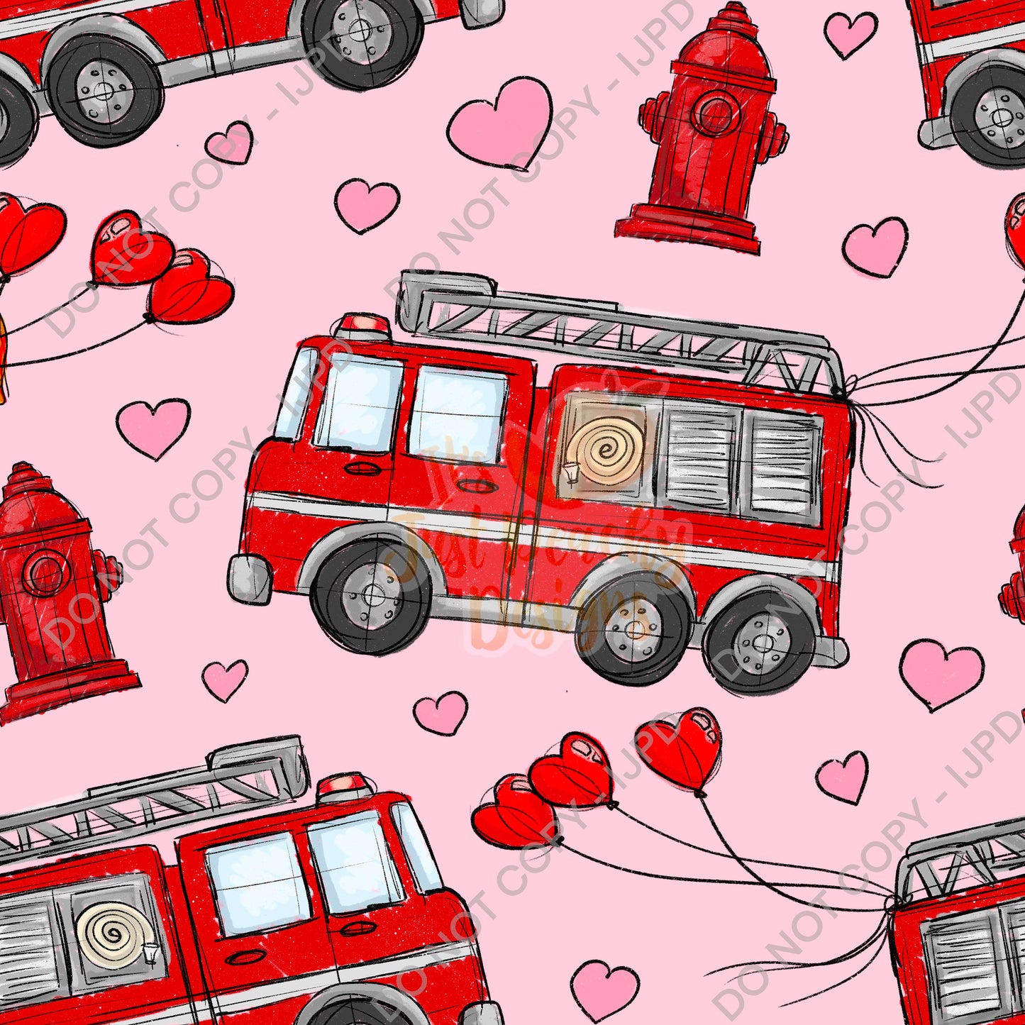 Valentine’s Fire Trucks- Mini Collection - PNG and Seamless