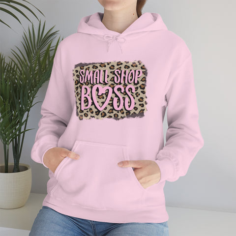 Leopard Pink Small Shop Boss, Unisex Heavy Blend™ Hooded Sweatshirt