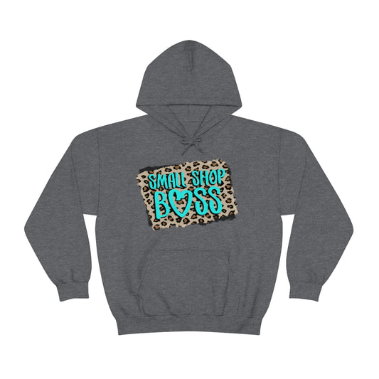 Leopard Teal Small Shop Boss, Unisex Heavy Blend™ Hooded Sweatshirt